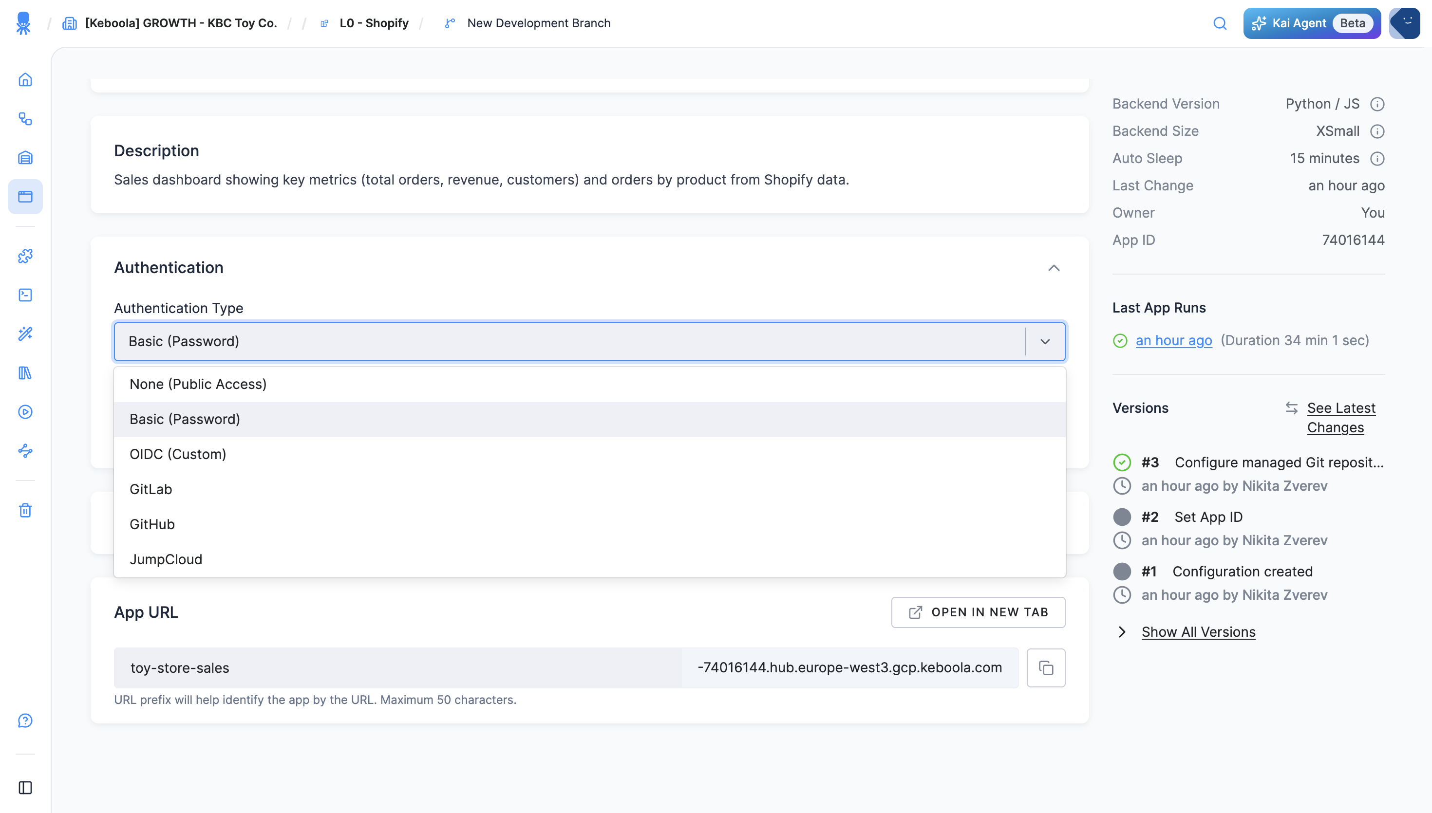 The Authentication Type dropdown in an app's configuration, listing None, Basic, OIDC, GitLab, GitHub, and JumpCloud